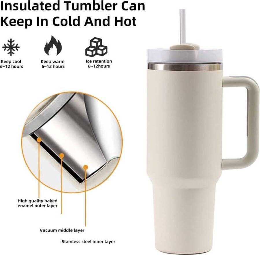 Dubbelwandige Roestvrijstalen Vacuüm-Isolatiebeker met Handvat 1200 ml Draagbare Reisbeker Autobeker Thermobeker met Rietje en Deksel Beige