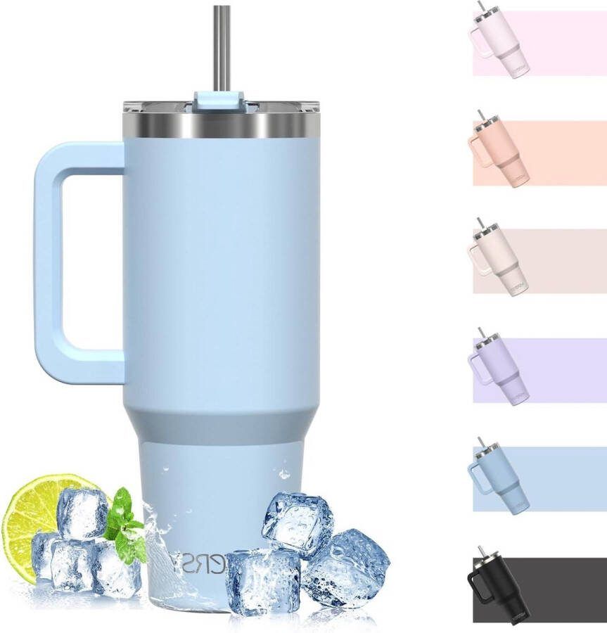 Dubbelwandige roestvrijstalen vacuüm thermobeker met handvat en rietje lekvrije drinkbeker blauw