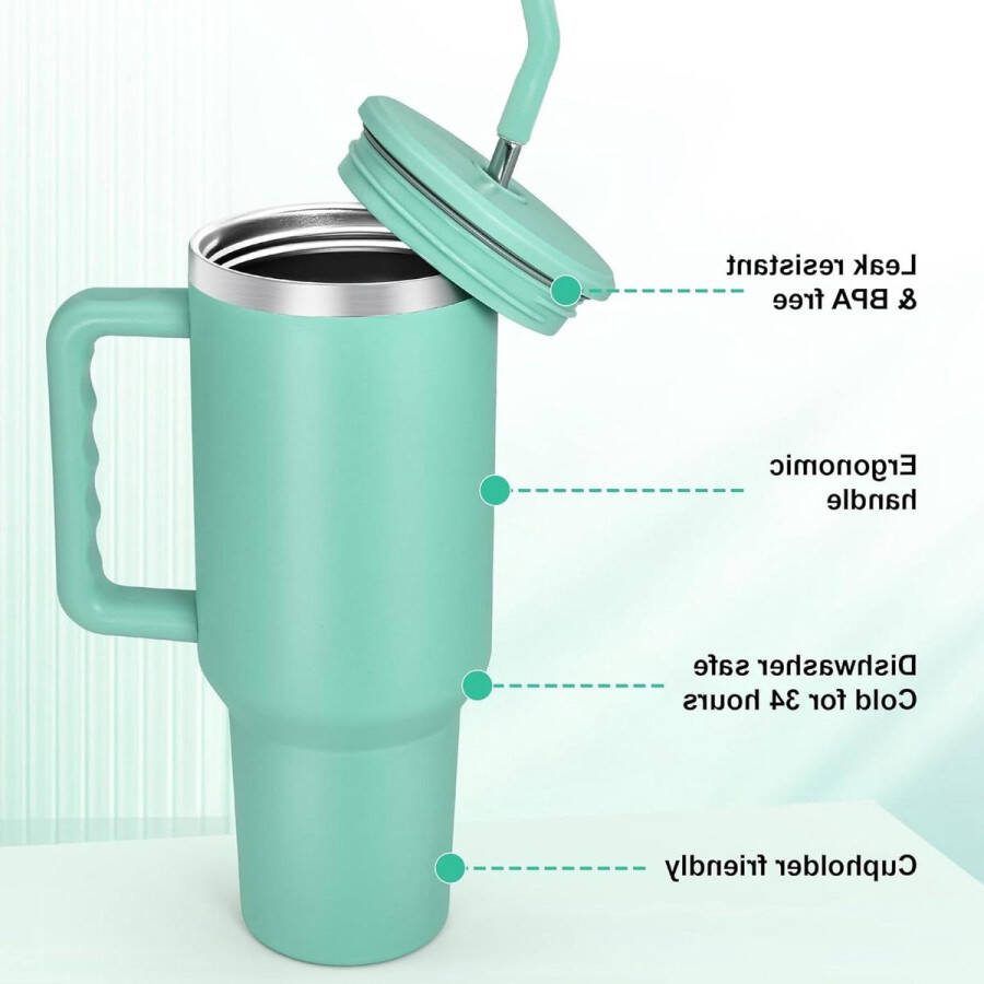 Dubbelwandige thermobeker met handvat en rietje 1200 ml vacuüm geïsoleerd roestvrij staal draagbare autobeker reisfles koffiebeker warm koud urenlang met deksel