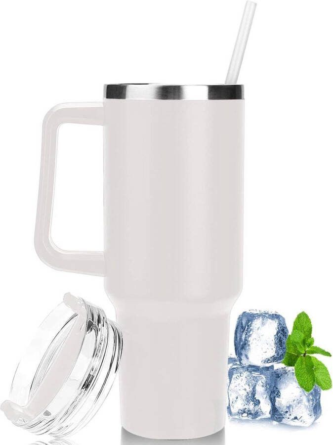 Dubbelwandige thermobeker met rietje en handvat 1180 ml koffiebeker voor onderweg wit