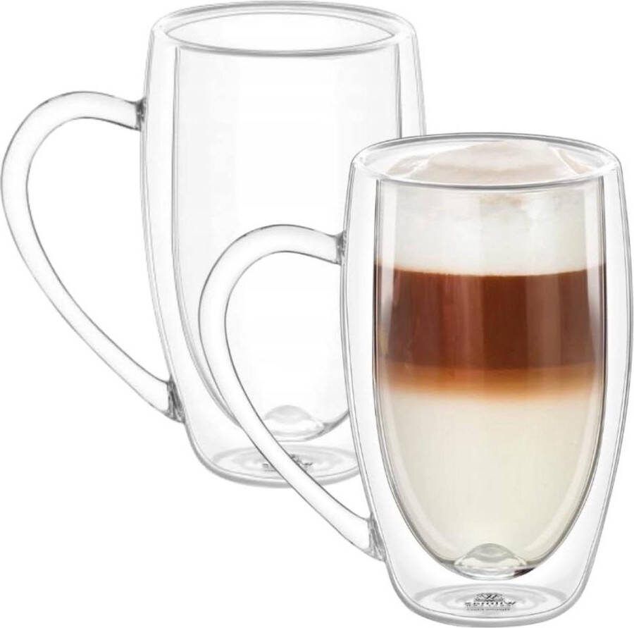 Dubbelwandige thermoglazen met handvat set van 2 stuks 500 ml latte macchiato cappuccino koffie thee drinkglazen thermokopjes dubbelwandige theeglazen