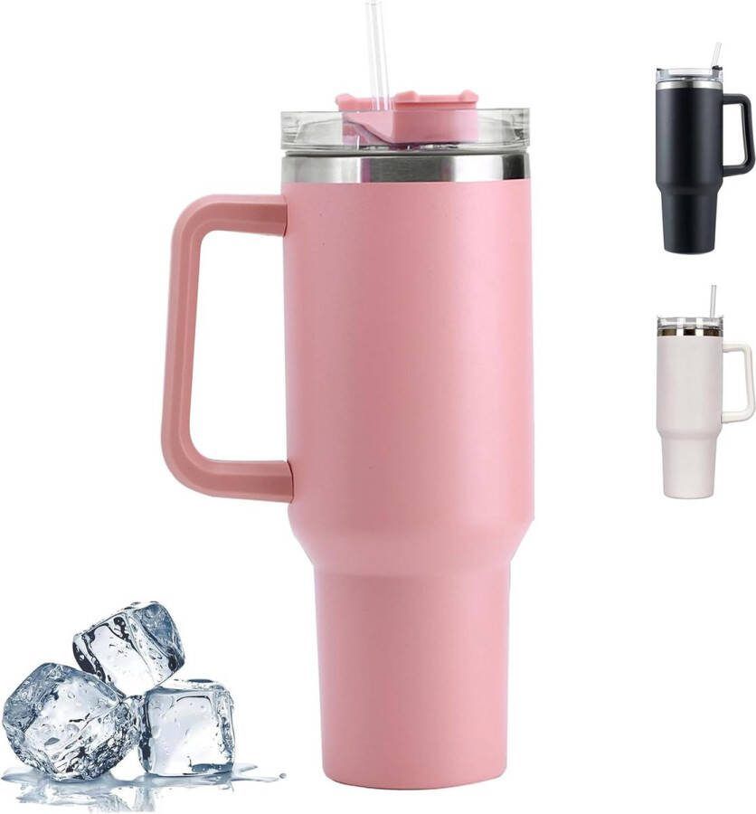 Dubbelwandige Thermosbeker 1200 ml met Rietje en Handvat voor Warme en Koude Dranken