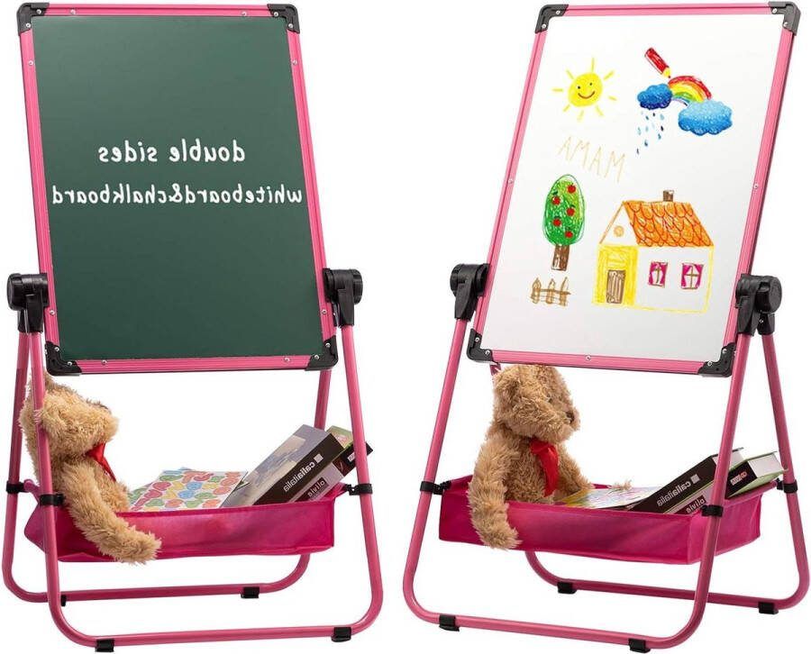 Dubbelzijdig Kids Whiteboard en Krijtbord In hoogte verstelbaar en 360°Draaibaar Roze