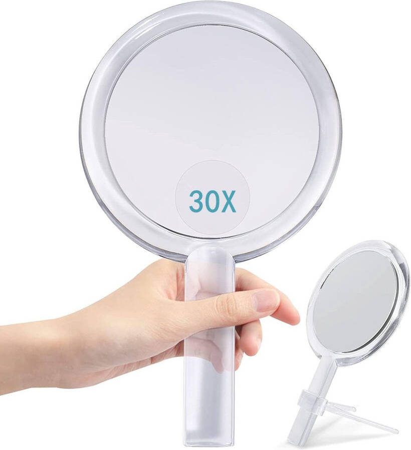 Dubbelzijdige handspiegel met standaard 1 30x vergrotende spiegel ronde vorm handvat voor dagelijkse make-up voor vrouwen (transparant)