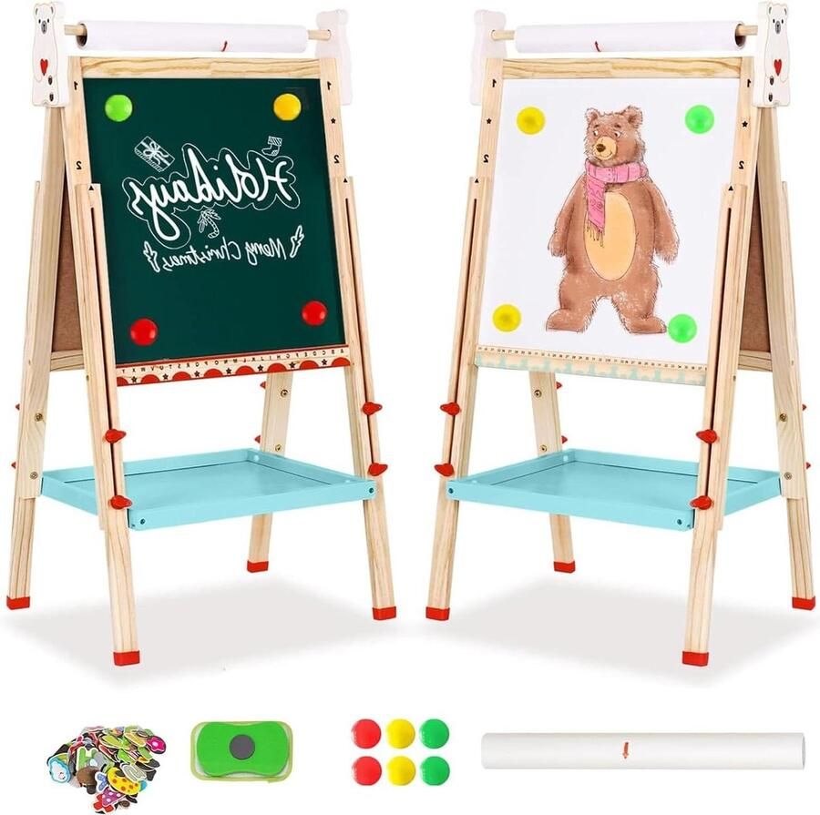 Dubbelzijdige houten schildersezel voor kinderen met papierrol whiteboard en schoolbord cijfers en accessoires meisjes en jongens 2-8 jaar