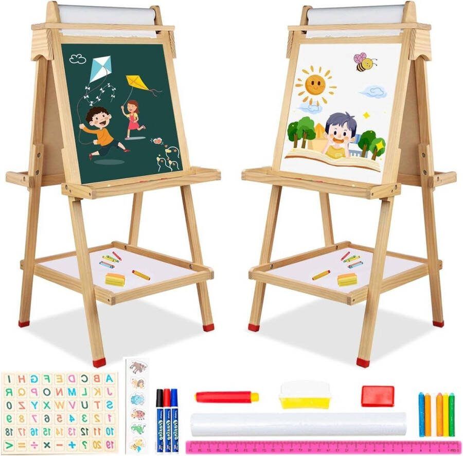 Dubbelzijdige kinderschildersezel Verstelbare schildersezel voor kinderen met krijtbord en whiteboard Inclusief papierrol opbergbakje en stickers Geschikt voor jongens vanaf 3 jaar