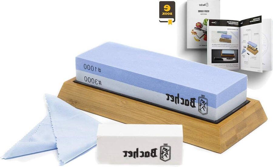 Dubbelzijdige Premium Slijpsteen Korrel 1000 3000 Wetsteen voor Messenslijper met Antislip Bamboeblok Inclusief eBook Handleiding