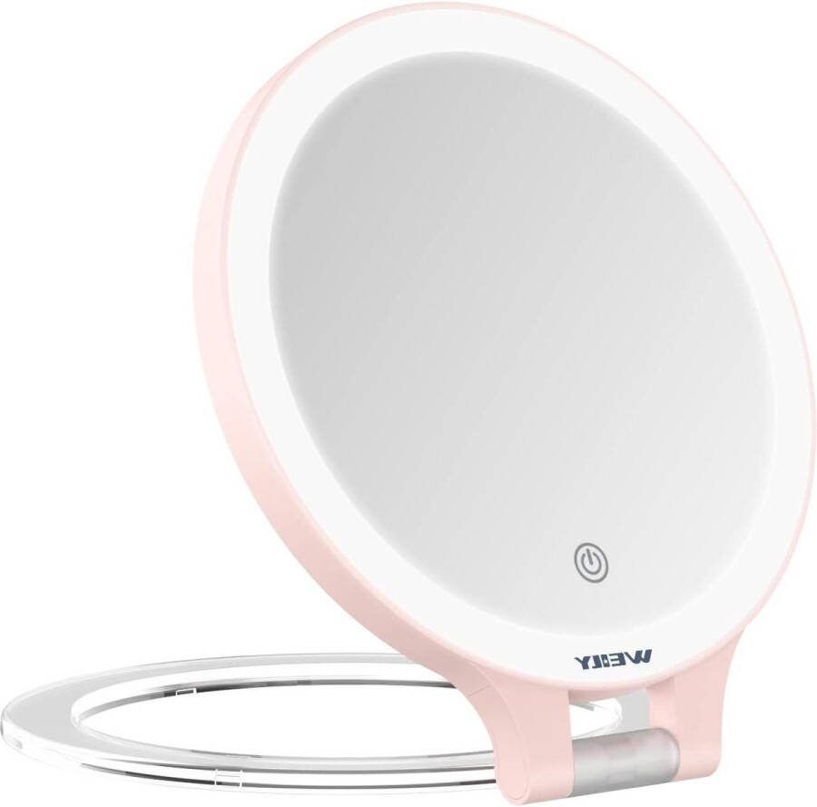 Dubbelzijdige vergrootspiegel met verlichting 10X 1X 3 kleuren verstelbare LED-lampen oplaadbaar make-upspiegel voor het verwijderen van make-up mee-eters en comedonen roze
