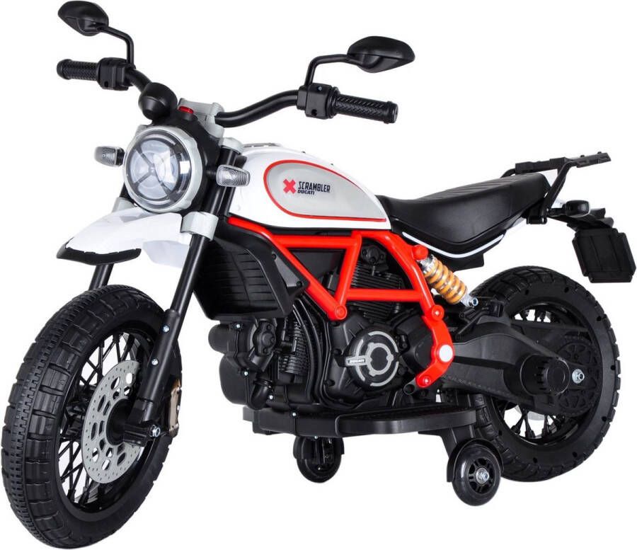 Ducati Scrambler Elektrische Kindermotor Accumotor 12V Met MP3 Demonteerbare Zijwieltjes 0 tot 6 jaar Wit