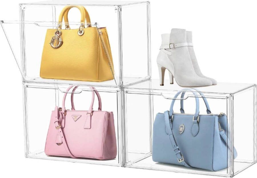 Duidelijke handtas opberg organizer voor kast acryl stapelbare transparante doos met magnetische deur plastic opbergcontainers vitrine voor portemonnee verzamelbare speelgoedschoen
