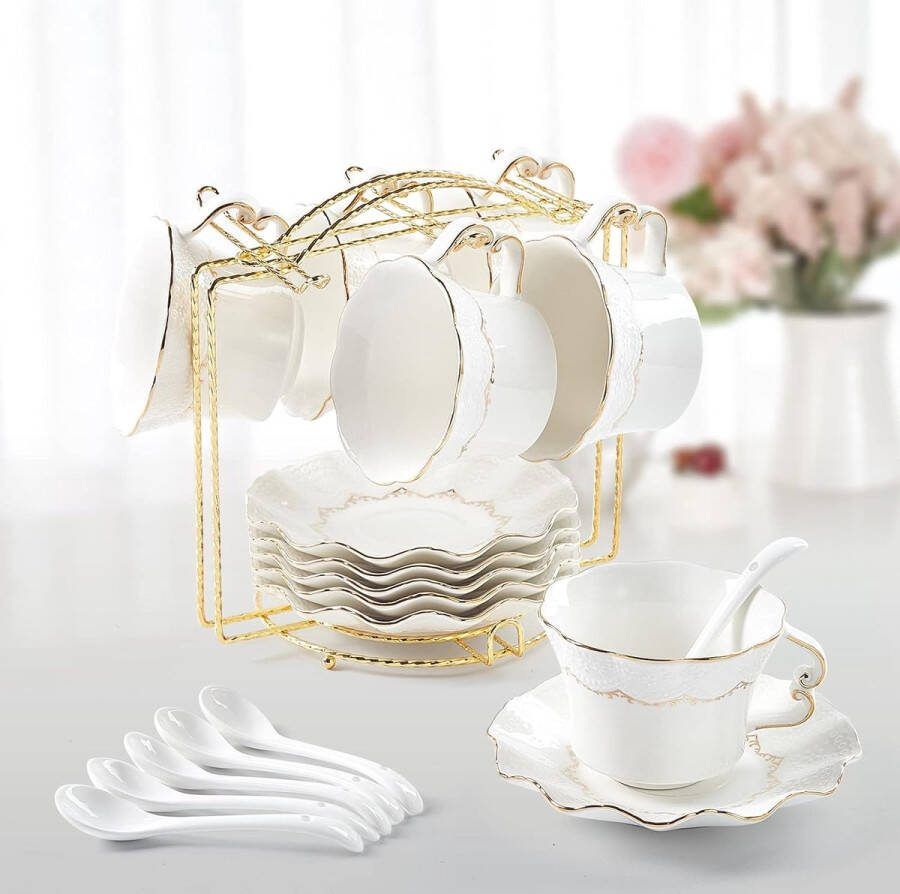 DUJUST theekopjes en schotels set van 6 (250 ml) luxe theekopset met gouden rand reliëfdruk koffiekopjes met metalen standaard Britse koninklijke porseleinen theekransset wit