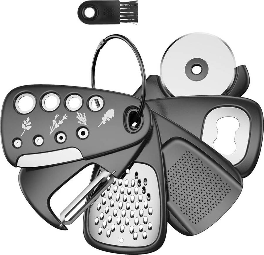 Dunschiller julienne Dunschiller keukenhulp set 5-delig keukengerei kaasrasp flesopener fruit- groenteschiller pizzasnijder knoflook gembermolen campingaccessoires