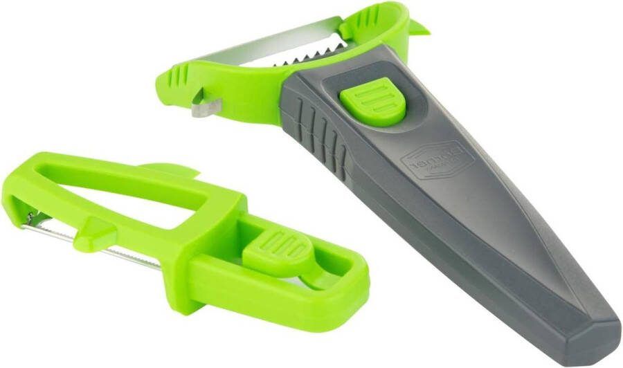 Dunschiller met 2 opzetstukken voor Julienne en spaghetti snijden driedelig groen-grijs