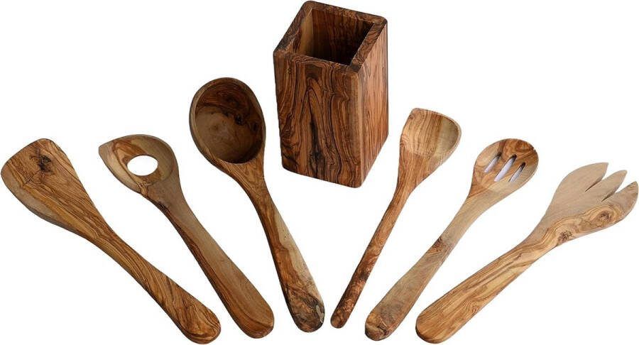 Duurzame keukenhulpset van hout: houten kookbestekset met spatel kooklepel pollepel opscheplepel + olijfzak – 8-delige set keukenset – hoogwaardig en duurzaam