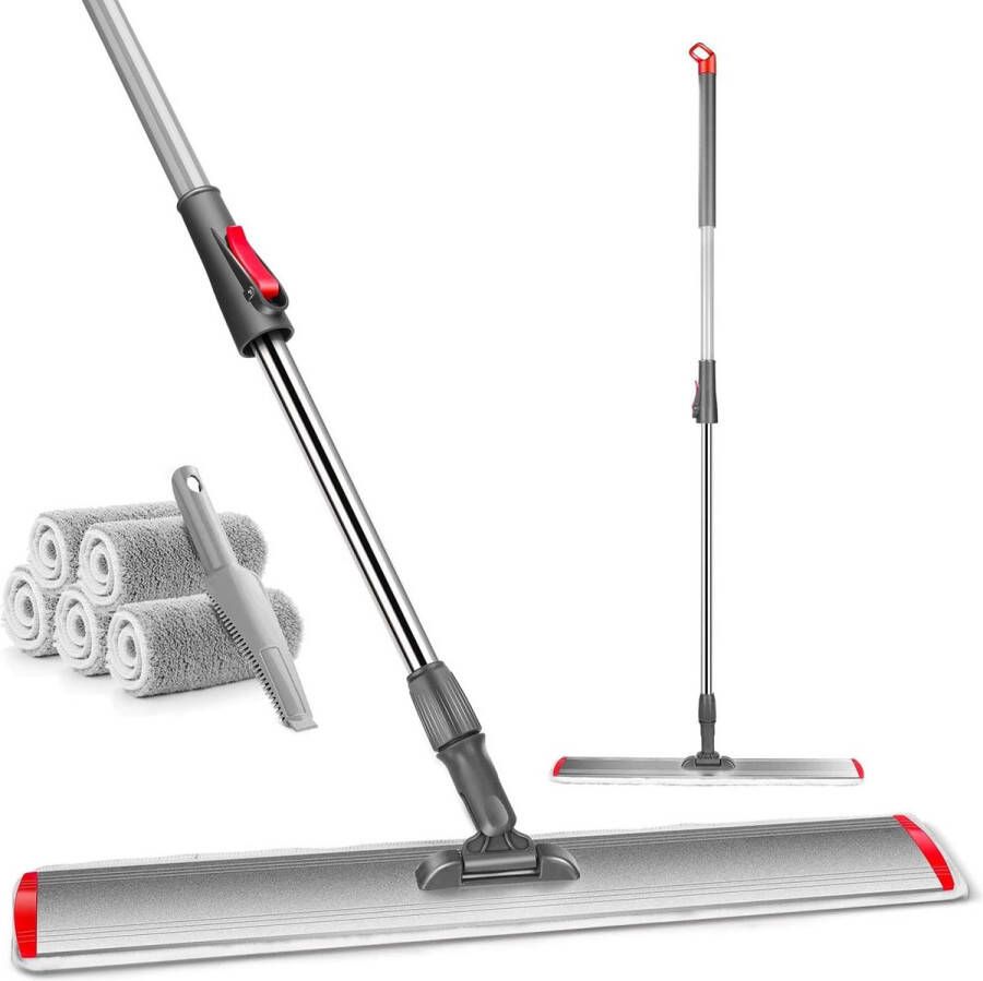 Dweilmop 60 cm Brede Vloerwisser 5 Microvezel Wisserpads en 1 Schraper Inbegrepen Grote Flat Mop met 137 cm Verstelbare Handgreep voor Hardhouten Tegels Marmer Laminaat