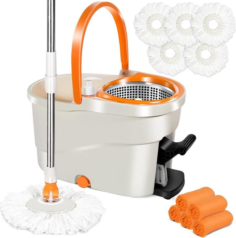 Dweilmop en emmerset vloerwisser met 145 cm telescoopsteel roterende emmer roestvrij staal met pedaal (6 l) mop en schoonmaakemmer met 5 dweilkoppen voor vloerreiniging 5 reinigingsdoeken