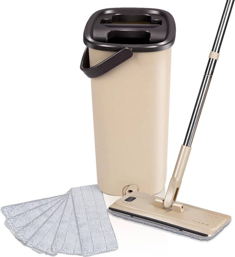 Dweilmop en posemmer set met mop met roestvrijstalen handgreep tweekamer poetsset met vloerwisser voor nat en droog gebruik 6 herbruikbare pads inbegrepen voor vloerreiniging