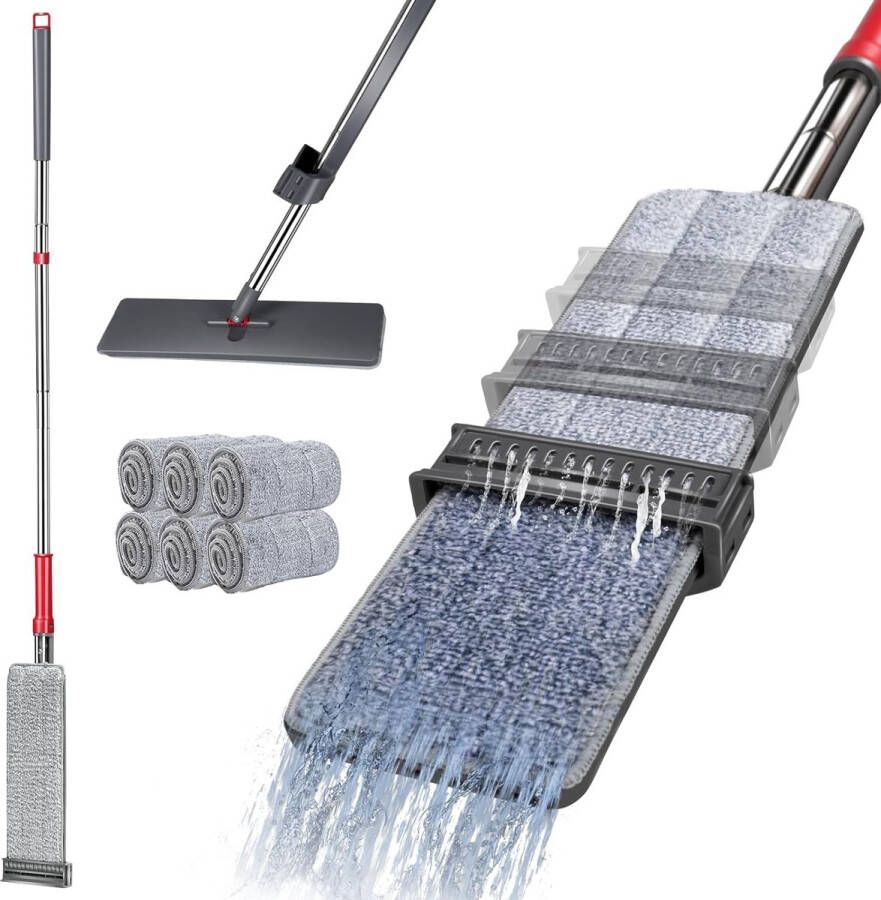 Dweilmop met uitwringfunctie 130 cm microvezel vloerwisser platte mop met 6 herbruikbare dweilpads wisserset voor hardhout laminaat tegels vloerreiniging grijs + rood
