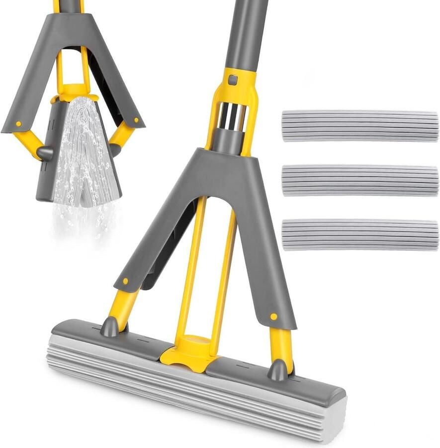 Dweilmop met Uitwringfunctie 3 Herbruikbare PVA-sponskoppen Absorberende Sponswisser 130 cm Steel Floor mop voor Tegels Marmer Laminaat Hardhout