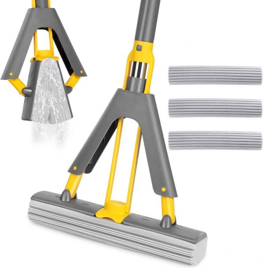Dweilmop met Uitwringfunctie Herbruikbare PVA-sponskoppen Absorberende Dweil 130 cm Steel Floor mop voor Tegels Marmer Laminaat Hardhout