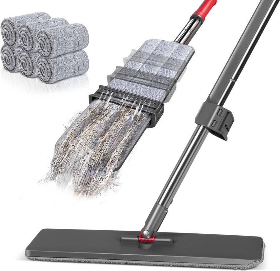 Dweilmop met Uitwringfunctie Microvezel Vloerwisser met Roestvrijstalen Handgreep Flat Mop met Rechtop Functie voor Hardhout Laminaat Tegels Vloerreiniging 6 Herbruikbare Wisserpads