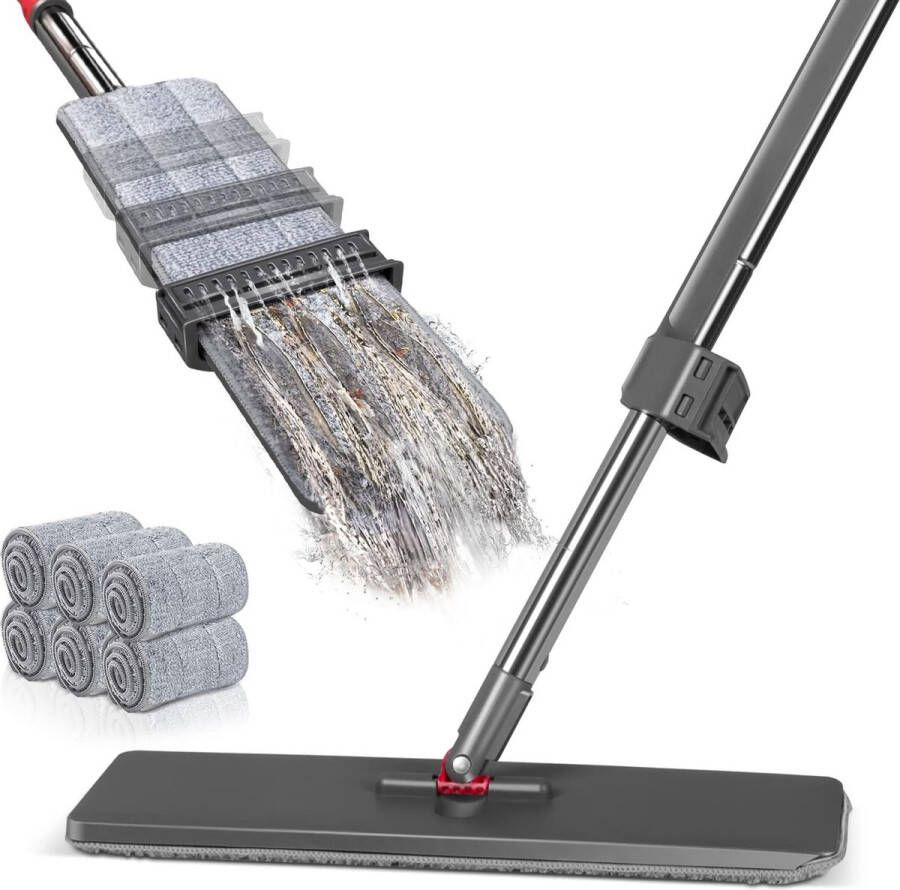 Dweilmop met uitwringfunctie microvezel vloerwisser met roestvrijstalen handgreep platte mop met rechtfunctie voor hardhout laminaat tegels vloerreiniging 6 herbruikbare dweilpads