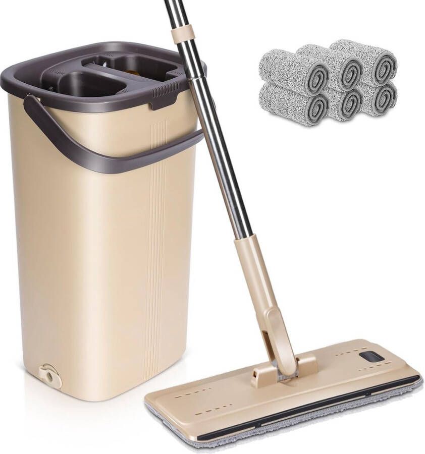 Dweilmop set met emmer 132 cm platte mop met roestvrijstalen handgreep en 6 microvezel dweilkop handvrije vloerwisser met uitwringfunctie voor hardhout laminaat tegels (beige)