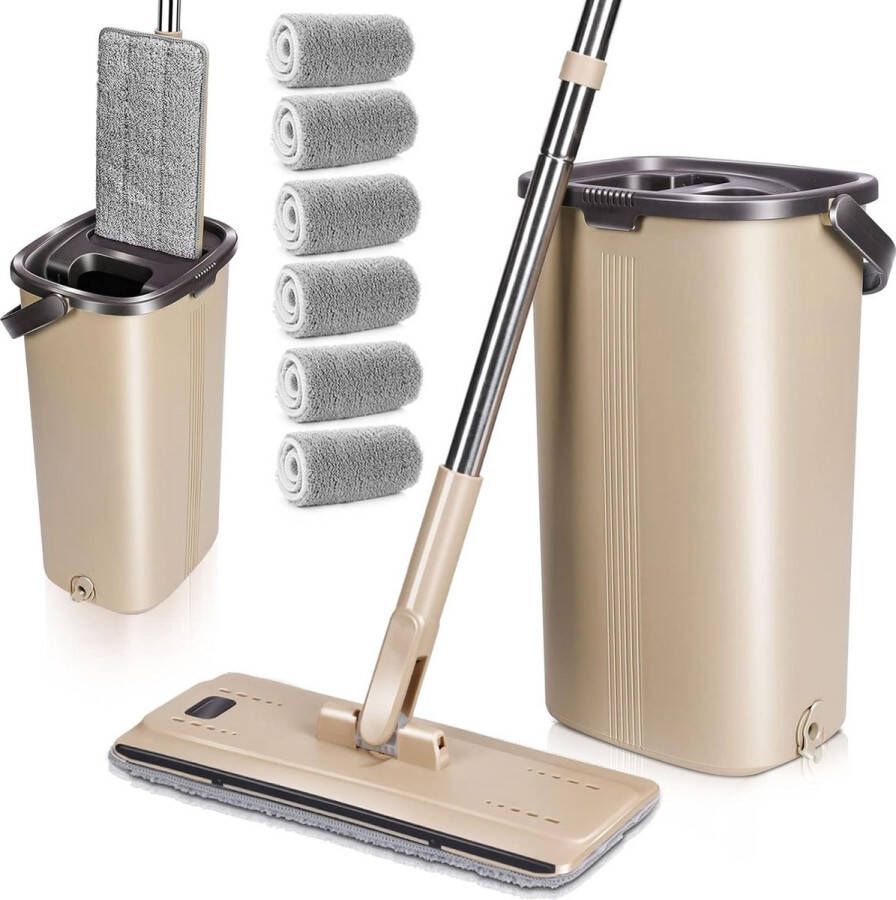 Dweilmop set met emmer 2-in-1 vloerwisser met 132 cm roestvrijstalen handgreep en 6 microvezel dweilkop handvrije dweil en posemmer met uitwringfunctie voor hardhout laminaat tegels