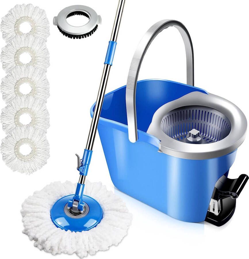 Dweilmop set met emmer 8 liter poetsemmer met dweil en voetpedaal vloerwisserset & 128 cm telescoopsteel wisserset met 5 mopkoppen en 1 borstelkop voor hardhout laminaat tegels