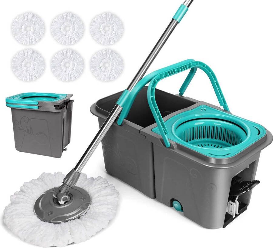 Dweilmop set met emmer afneembare twee-kameremmer poetsemmer met dweilkop voetpedaal design en roestvrijstalen handgreep vloerwisserset voor vloerreiniging met 6 dweilkoppen