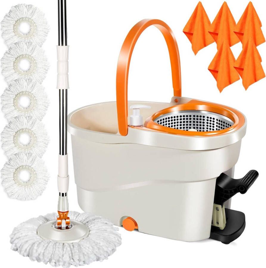 Dweilmop set met emmer vloerwisser met 7 liter poetsemmer en 138 cm telescoopsteel mop met uitwringfunctie voor keuken incl. 5 microvezel dweilkoppen en 5 doeken