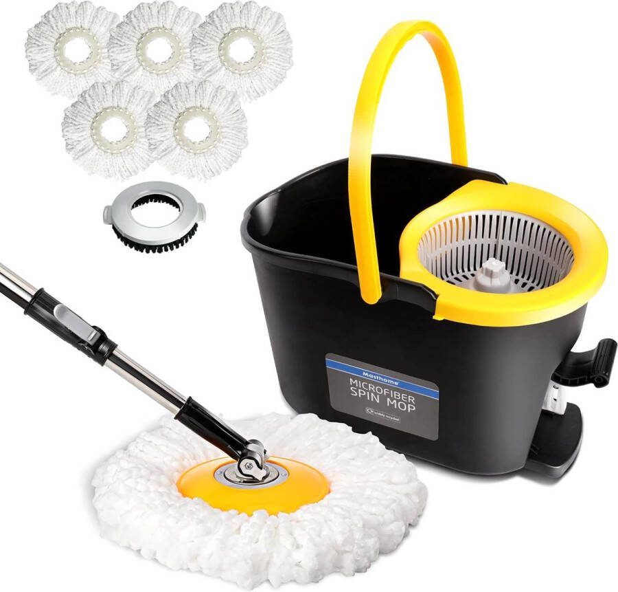 Dweilmop set met emmer vloerwisserset van 126 cm telescoopsteel met 5 dweilkoppen wisser en poetsemmer set met wringer voetpedaal voor vloerreiniging stuur 1 vervangende borstelkop
