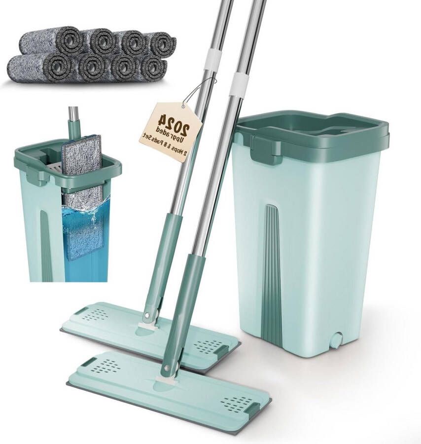 Dweilmopset handen vrij platte vloerwisser 8 microvezelpads huishoudelijk reinigingsgereedschap 2-kamerdesign apart schoon en vuil water dubbele mop groen