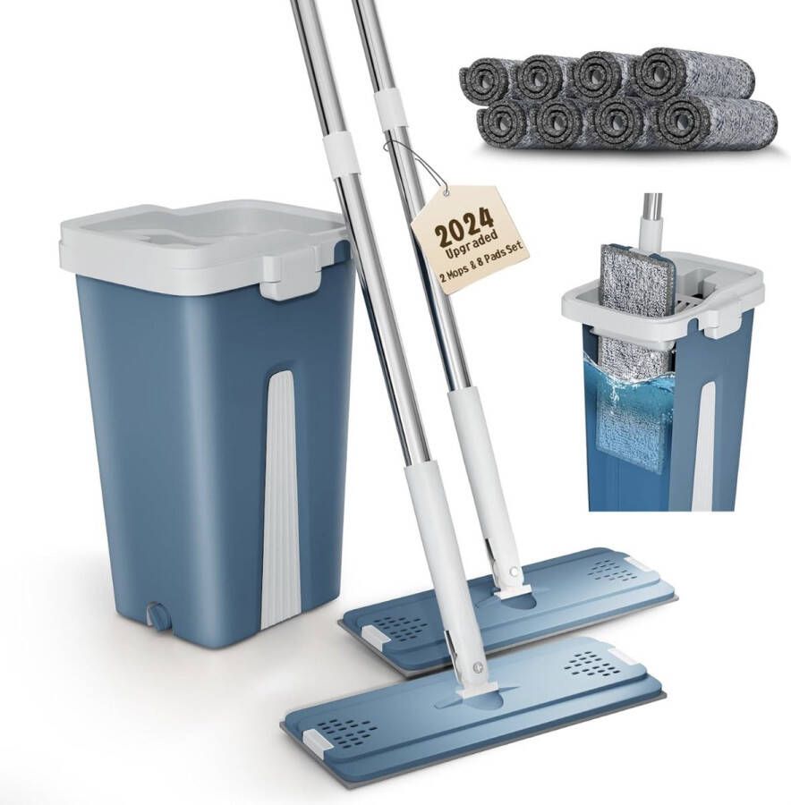 Dweilmopset met emmer handen vrij platte vloerwisser met 8 microvezelpads huishoudelijk reinigingsgereedschap met 2-kamer design apart schoon vuil water (dubbele mop diep blauw)