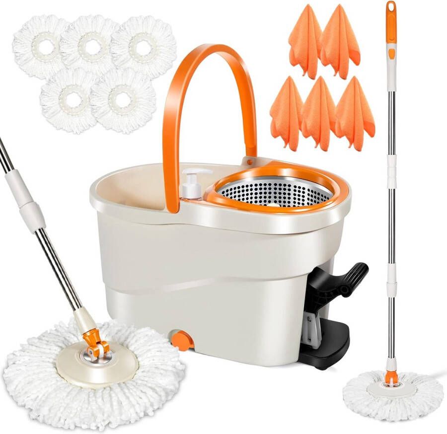 Dweilmopset met emmer vloerwisser met centrifugesysteem 5 microvezel reservekoppen en 5 doeken 145 cm RVS stalen telescoopstaal en voetpedaal spinmop met uitwringfunctie voor vloerreiniging