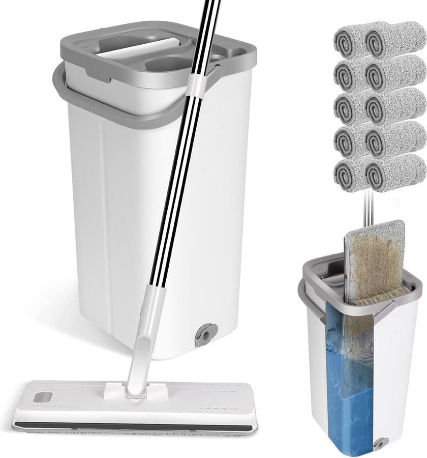 Dweilmopset met emmer vloerwisserset met 10 microvezelpads en lange roestvrijstalen handgreep poetsemmer met dweilmop met uitwringfunctie voor alle vloeren wit