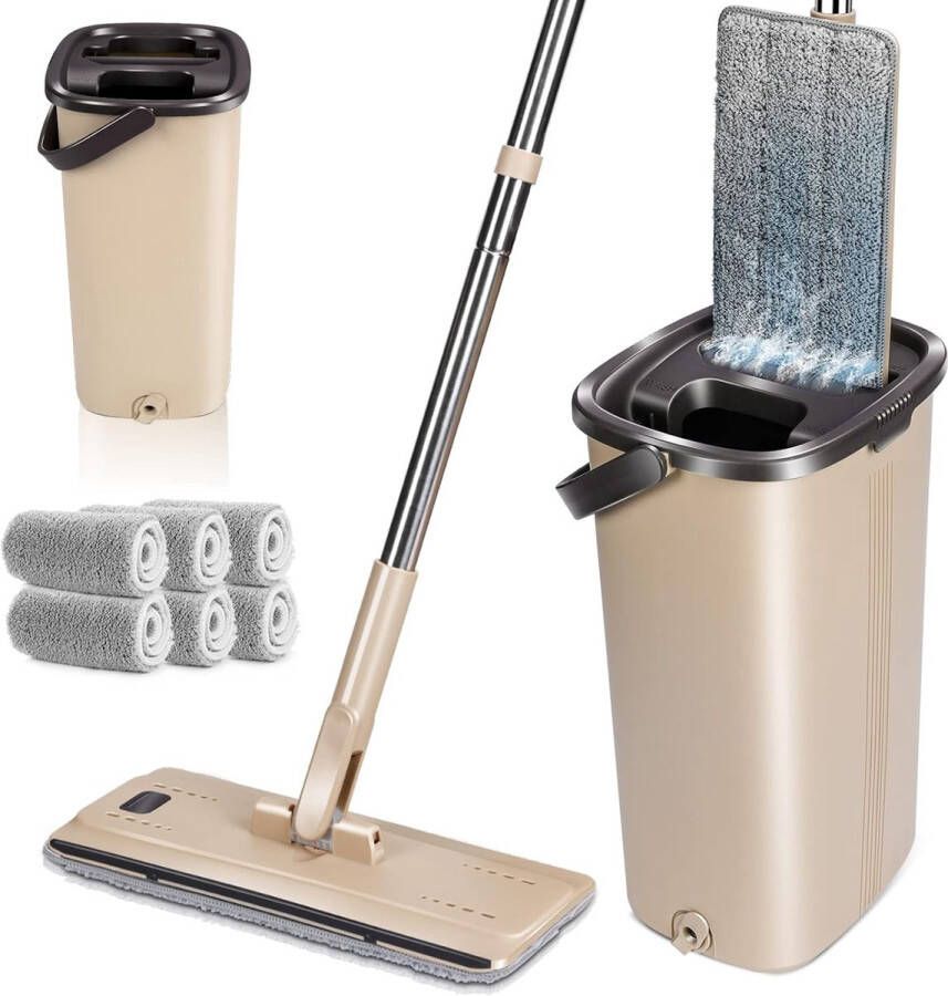 Dweilset en reinigingsemmer vloermop met 6 microvezelpads zelfreinigende vlakmop voor droog en nat voor het reinigen van vloeren tegels parket laminaat