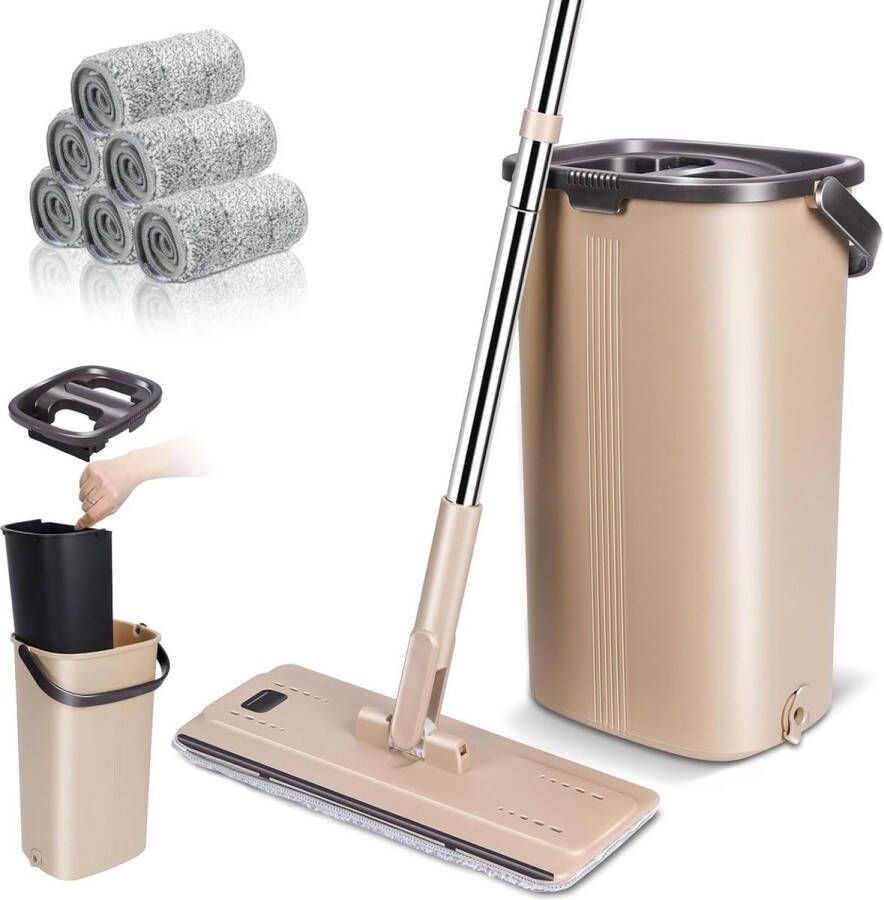 Dweilset met emmer en platte mop 6 microvezelpads 134 cm handgreep voor tegels parket laminaat