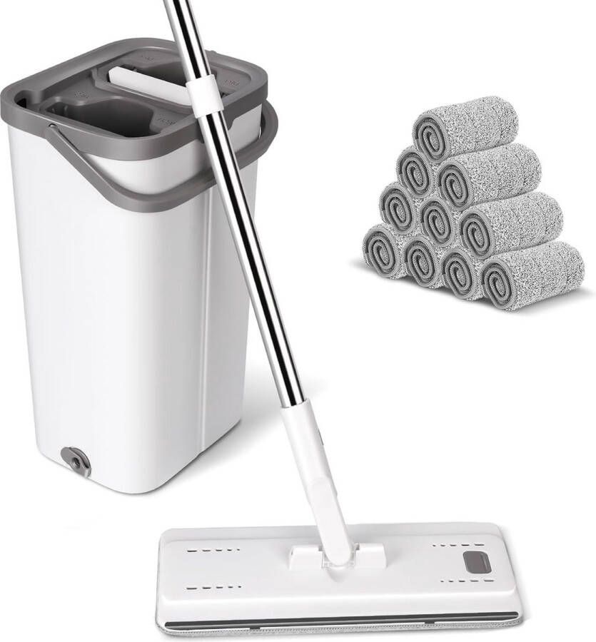Dweilset met emmer microvezelvloermop met wringfunctie en 10 dweilpads reinigingsemmer met vlakmop dweil 140 cm voor hardhouten laminaattegels wit