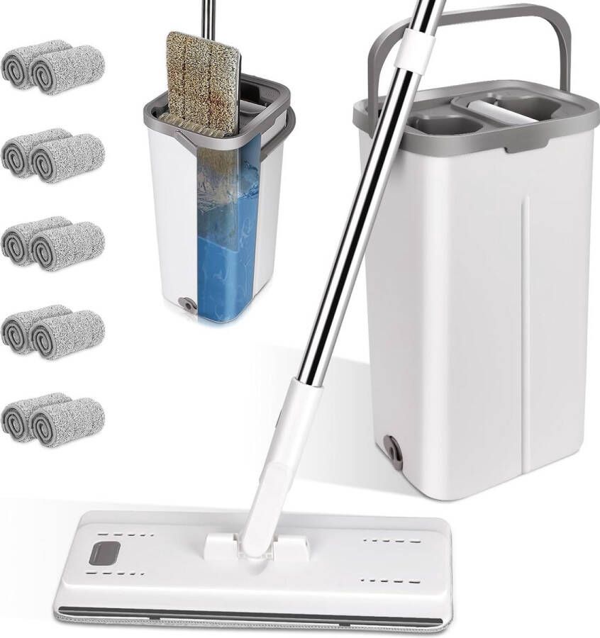Dweilset met emmer vloermop 132 cm met telescoopsteel en 10 microvezelmoppads schoonmaakemmer met wringfunctie en vlakmop dweilset voor hardhouten laminaattegels wit