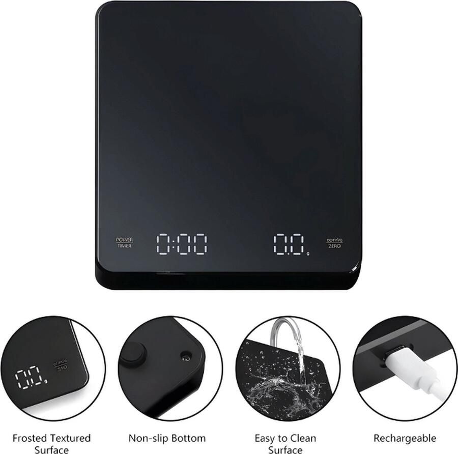 E-shop4u Digitale keukenweegschaal Precisie USB oplaadbaar 0 01 kg tot 3 kg Tarra functie LCD scherm
