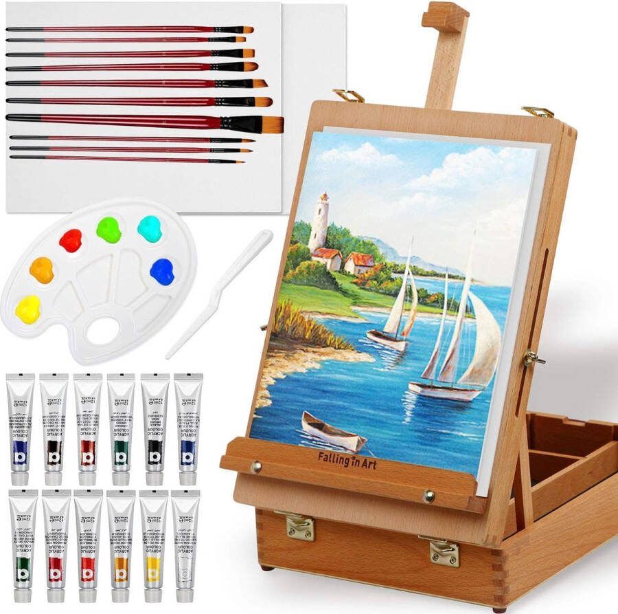 Easel Box Acrylverfset met draagbare tafelstandaard Acrylverf Canvaspanelen Borstelpalet voor Kerstcadeau