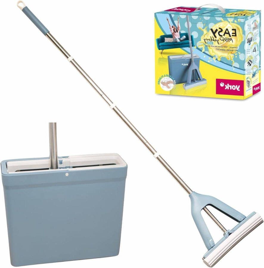 Easy Dweil Absorberende PVA-spons 34 cm Zonder Natte Vuile Handen Dweilset Met Emmer Telescoopsteel 130 cm Blauw 34 x 125 x 295 cm