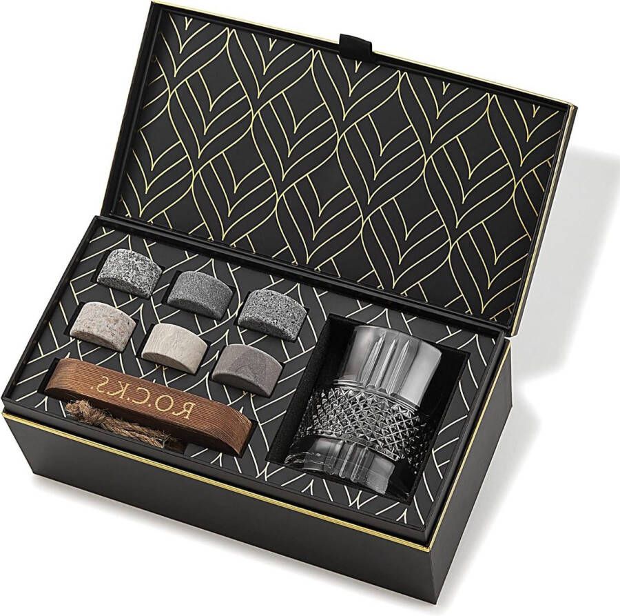 Eco-Crystal Glass Whiskey Stones Gift Set 6 handgemaakte granieten rotsen Europees vervaardigde Whiskey Tumbler (340ml) Hardhout Presentatie Tray Gold