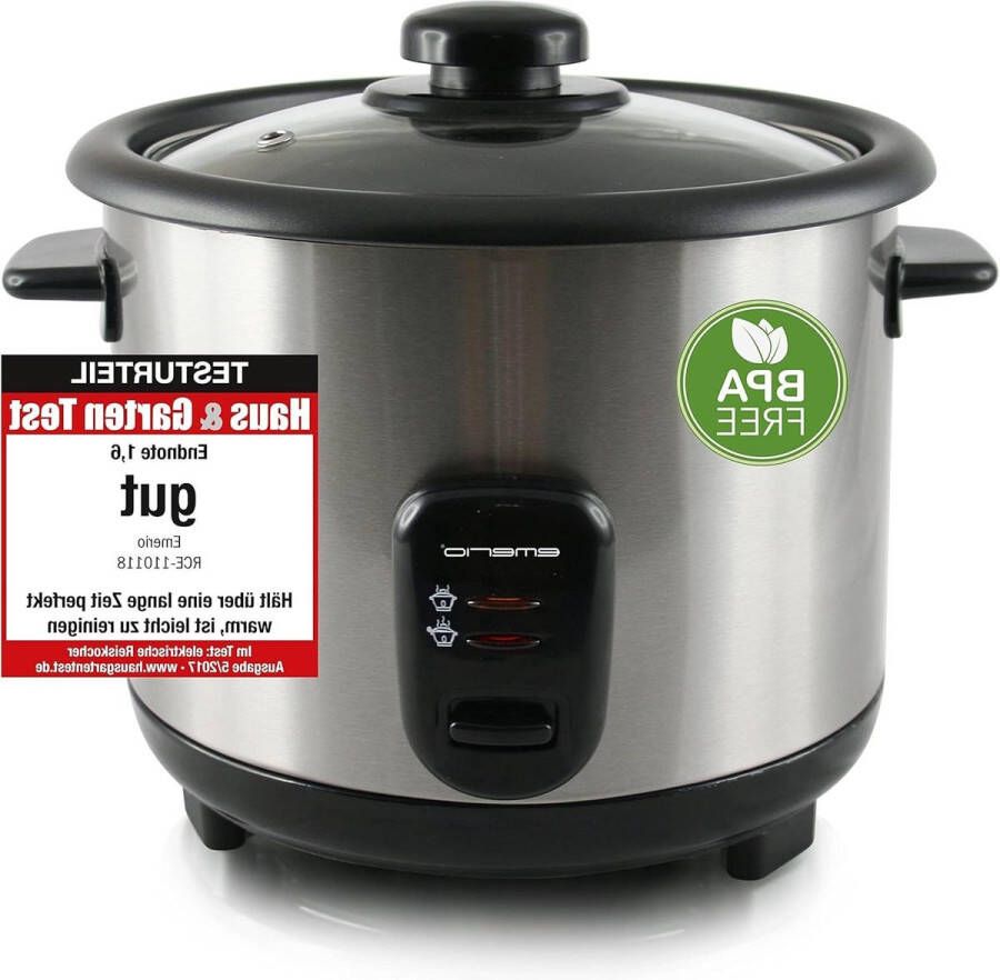 Eco rijstkoker automatische rijstkoker BPA vrij met 1.5L volume warmhoudfunctie auto off antiaanbaklaag glazen deksel incl. rijstlepel en maatbeker slowcooker 500 watt RVS