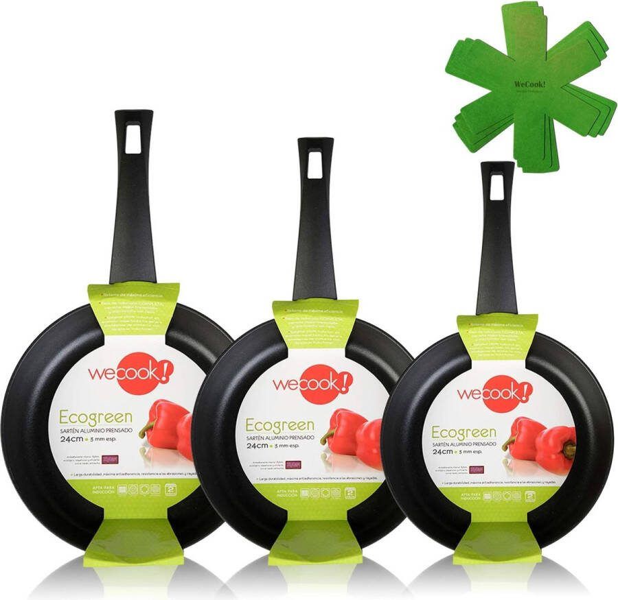 Ecogreen set van 3 pannen 18-20-24 cm aluminium inductie milieuvriendelijke antiaanbaklaag zonder PFOA vaatwasmachinebestendig geschikt voor alle soorten fornuizen keramische kookplaten gas zwart