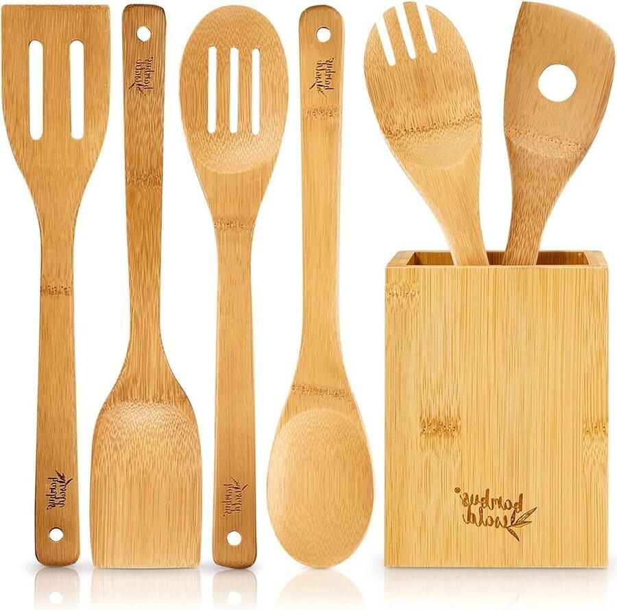 Ecologische set van 6 keukenaccessoires incl. opbergbox Bamboe kookbestek 100% duurzaam Spatelset Keukenhulpjes Kooklepel Keukengerei