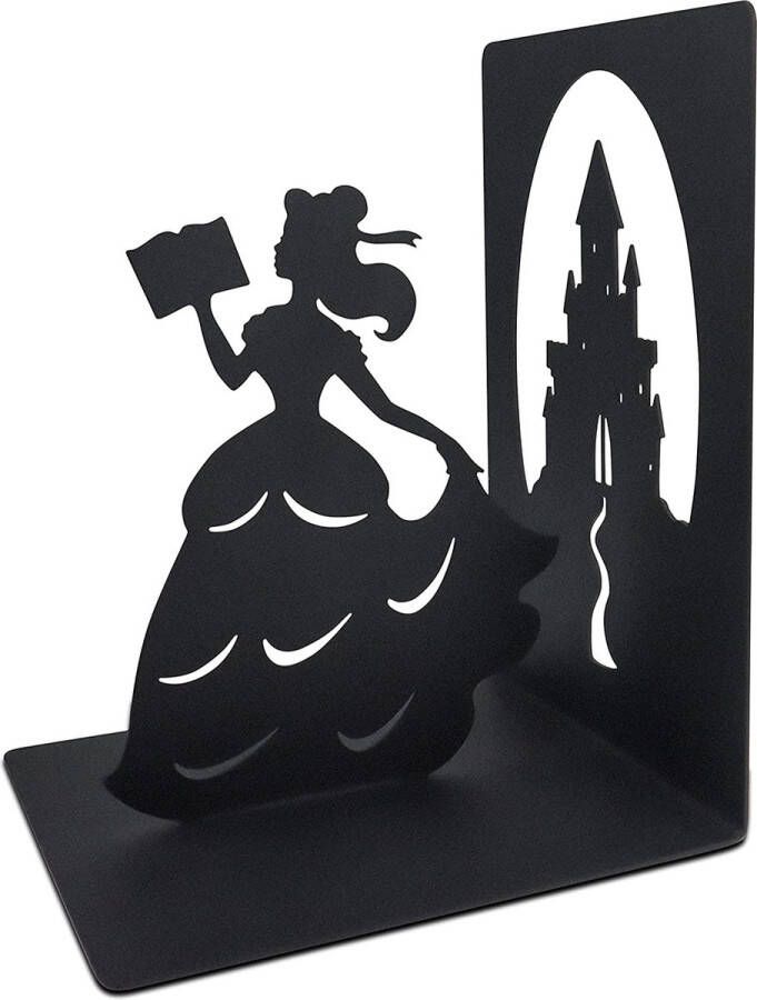 ECONI Premium boekensteun extra zwaar boekenstandaard in zwart met een prinses als figuur van metaal voor volwassenen en kinderen met de afmetingen 18 cm x 14 cm x 12 cm