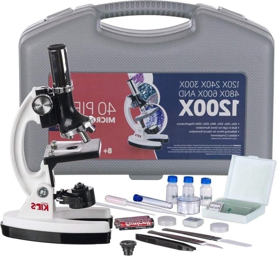 Educatieve Kinderen Biologische Microscoop Kit S 120X-240X-300X-480X-600X-1200X 48pc Metalen arm en Basis Wit