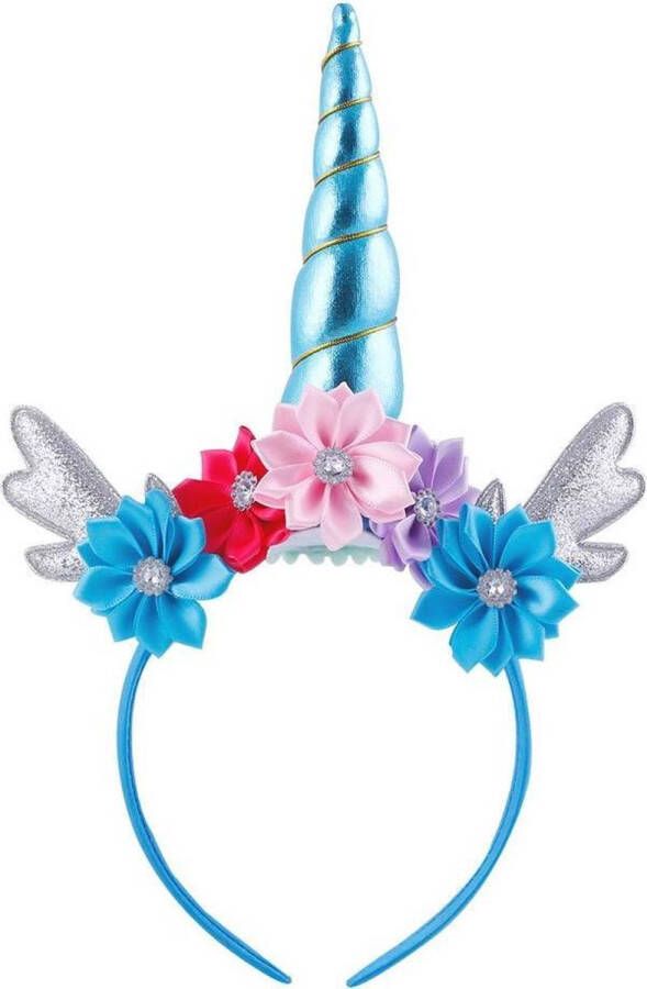 Eenhoorn diadeem blauw zilver unicorn haarband met gewei oortjes en bloemetjes zilveren hoorn bloemen blauw roze rood paars festival